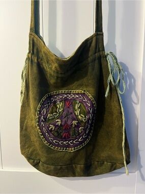 Olive Green Embroidered Peace-Emblem Shoulder Bag